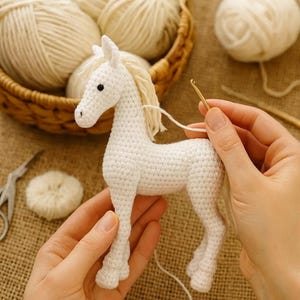 May include: A white crocheted horse figurine featuring a textured yarn body, a long mane, and small black bead eyes. The horse is crafted with visible stitches and is being worked on with a gold-coloured metal crochet hook and white yarn.