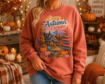 Cozy Autumn Escape Sweatshirt | Fall Cabin Pumpkin Scene Sweater