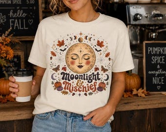 Moonlight & Autumn Shirt, Celestial Fall Tee, Spooky Cute Autumn Moon Shirt, Witchy Pumpkin Halloween Graphic Tee, Vintage Celestial Moon