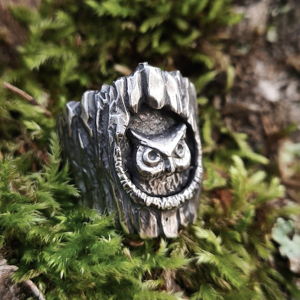 Tree Hollow Ring with an Owl, Sterling Silver