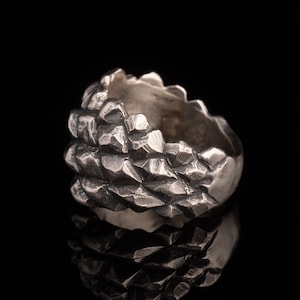 May include: A silver ring with a textured, rocky exterior. The ring's surface is composed of numerous angular facets, creating a rugged, organic appearance. The ring is set against a black background, highlighting its metallic sheen.