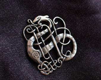 Urnes Style Dragon Brooch, Early Medieval, Sterling Silver