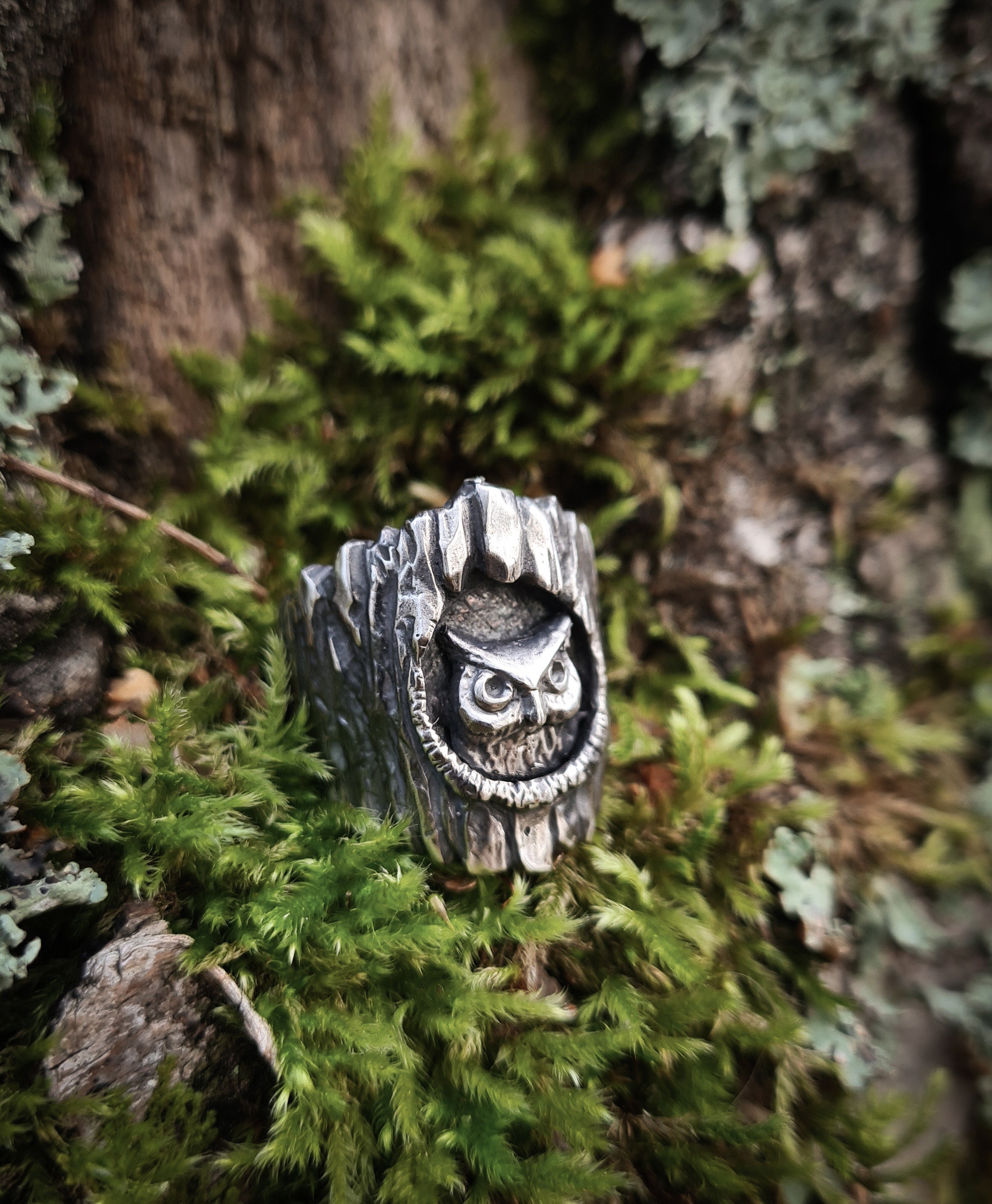 Tree Hollow Ring with an Owl, Sterling Silver