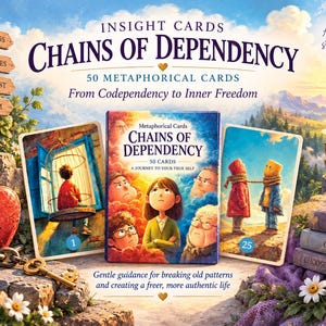 May include: A deck of 50 metaphorical insight cards titled Chains of Dependency, featuring a central box with a girl surrounded by faces, flanked by two illustrated cards. The set includes a red heart-shaped lock, chains, and wooden signs.