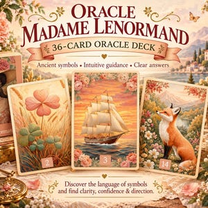 May include: A 36-card Oracle Madame Lenormand deck featuring a box with a woman in a hat and three display cards showing a four-leaf clover, a sailing ship on water, and a fox in a floral landscape, all with text including Oracle Madame Lenormand.
