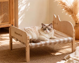 Upphöjd kattbädd för inomhuskatter och små hundar | Hängmatta i trä för husdjur | Tvättbar ginghamkudde | Japandi Pet Furniture