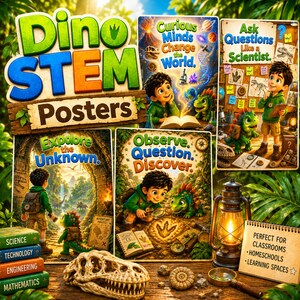 Può includere: Una collezione di poster Dino STEM con temi educativi. I poster presentano illustrazioni di bambini con dinosauri, libri e strumenti scientifici. Progettato per aule, scuole a casa e spazi di apprendimento.