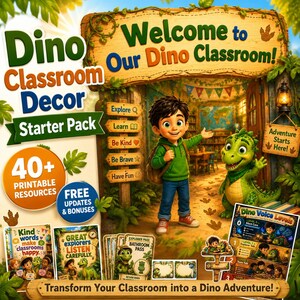 May include: A colorful illustration promoting a "Dino Classroom Decor Starter Pack." The image features a boy and a dinosaur welcoming viewers to a classroom. Text includes "Welcome to Our Dino Classroom!" and "40+ Printable Resources."