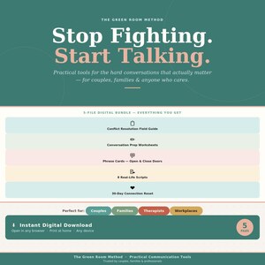 May include: Digital download titled "Stop Fighting. Start Talking." with practical communication tools. Includes a conflict resolution guide, worksheets, phrase cards, scripts, and a 30-day connection reset. Perfect for couples, families, therapists, and workplaces. 5 files.
