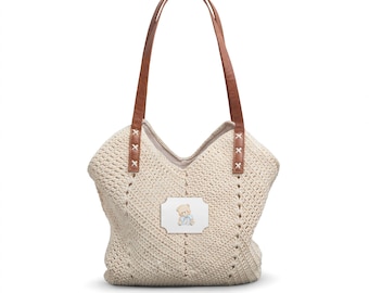 Aquarell Teddy Illustration Stroh Umhängetasche | Strand Tote, Boho häkeln