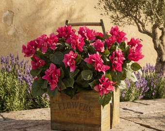 Rustik träkruka med bougainvillea | Konstgjorda blomsterarrangemang | Fransk lantlig inredning