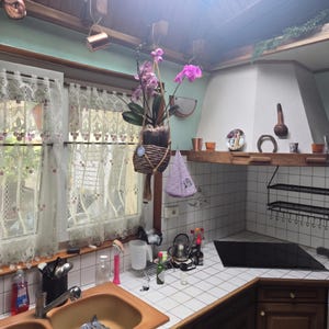 Peut inclure: Un intérieur de cuisine avec un évier double doté d'un robinet chromé, des plans de travail carrelés blancs et une plaque de cuisson à induction noire. On y voit une orchidée rose suspendue, des rideaux en dentelle et une hotte en bois.