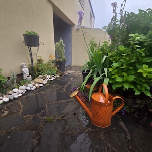 Peut inclure: Un arrosoir en métal orange vif avec un motif en losange texturé sur le corps, une poignée incurvée et un embout doré, posé sur une terrasse en pierre mouillée près de plantes de jardin vertes et d'une petite figurine décorative blanche.