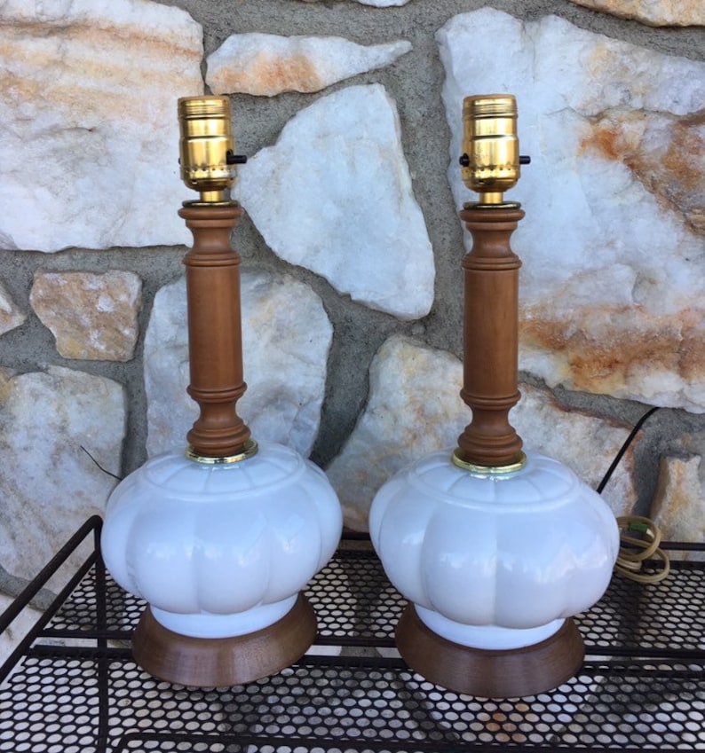 Vintage Mid Century White Milk Glass Table Desk Lamps Lights