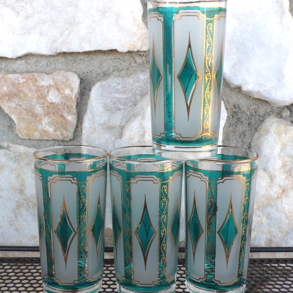 Vintage Mid Century Modern Libbey Blue Diamond Stained Glass High Ball Glasses