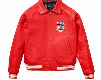 AVIREX Red Leather Varsity Bomber Jacket | Vintage Streetwear Outerwear