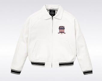 Vintage Avirex Weiß Leder Varsity Jacke: All Americans USA Logo Bomberjacke