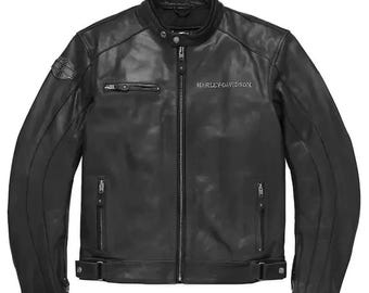 Harley-Davidson Leder Bikerjacke: Motorrad mit Schädelprägung, Vintage Racing Style