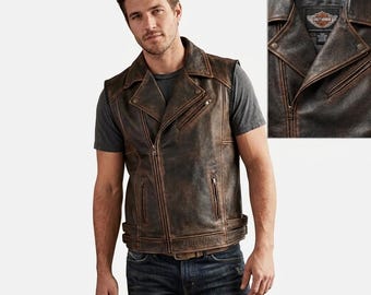 Herren Distressed Brown Leder Motorrad Biker Weste, echte Vintage Reitgilt Weste