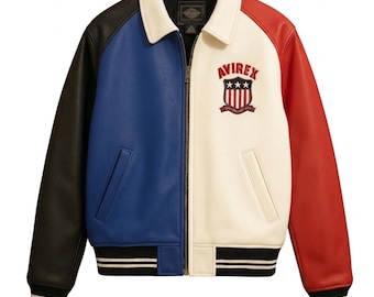 Vintage Avirex USA Leather Bomber Jacket, Multicolor Varsity Patch Streetwear Coat