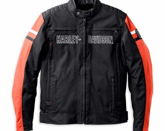 Harley Davidson Schwarz Leder Bikerjacke mit orangefarbenen Streifen (Herrenmode)