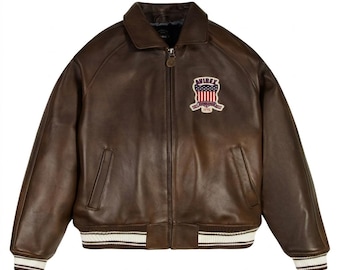 Avirex Brown Leather Bomber Jacket, Vintage Varsity Flight Jacket, American Flag Patch Streetwear