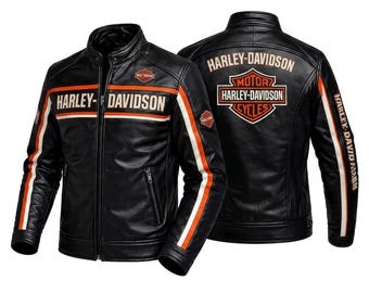 Herren Schwarz Leder Bikerjacke | Racing Stripes, Gesticktes Patch, Motorradjacke