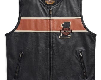 Herren Echtleder Motorradweste, Retro Orange Stripe Biker Gilet