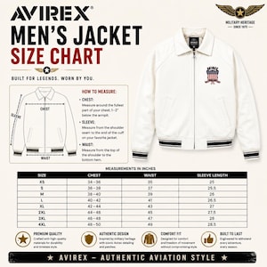 May include: An off-white Avirex jacket with a front zipper, collar, and striped ribbed cuffs and hem. The chest features a shield patch with the American flag and Avirex text. A size chart displays measurements in inches for sizes XS through 4XL.
