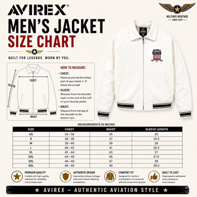 May include: An off-white Avirex jacket with a front zipper, collar, and striped ribbed cuffs and hem. The chest features a shield patch with the American flag and Avirex text. A size chart displays measurements in inches for sizes XS through 4XL.