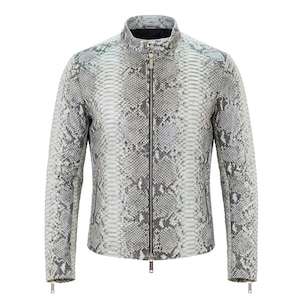 Men's Grey Python Snakeskin Leather Cafe Racer Biker Jacket, Streetwear Fashion Coat