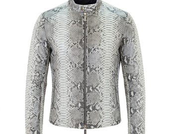 Herren Grau Python Schlangenhaut Leder Cafe Racer Biker Jacke, Streetwear Fashion Mantel