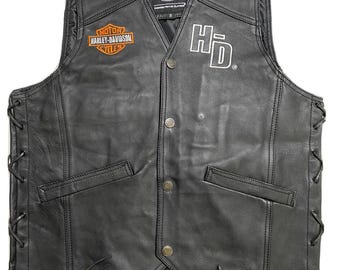 Herren Motorradweste aus schwarzem Leder, Harley-Davidson gestickte Biker Gilet, seitliche Schnürsenkel
