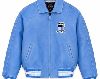Avirex Hellblaue Leder Bomberjacke Männer Vintage Flight Aviator Mantel Varsity Streetwear 1975