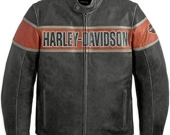 Vintage Harley Davidson Leder Biker Moto Jacke, gestreifter Motorradmantel