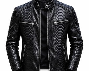 Schwarze Schlangenhaut Bikerjacke für Herren, Ledermantel mit Krokodilstruktur
