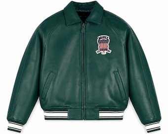 AVIREX Green Leather Bomber Jacket: Vintage Flight, Varsity Streetwear Coat