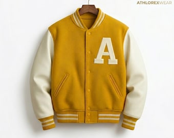 Individuelle Gold Senf Wolle & Creme Leder Varsity Jacke, College Letterman Bomber bei Athlorex Wear