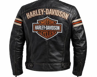 Harley Davidson Bikerjacke aus schwarzem Leder für Herren mit Racing Stripes - Artisan Crafted Coat