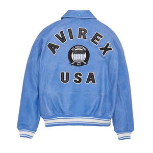 Avirex Light Blue Leather Bomber Jacket Men Vintage Flight Aviator Coat Varsity Streetwear 1975 image 2