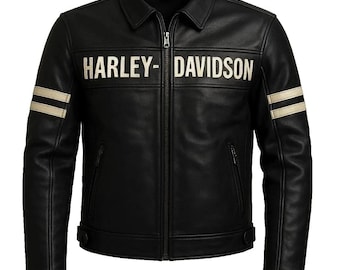 Harley Davidson Herren Bikerjacke aus schwarzem Leder mit Skull-Logo und cremefarbenen Streifen