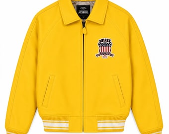AVIREX Gelbe Leder Bomberjacke: Vintage Flugfliegermantel, Streetwear Style