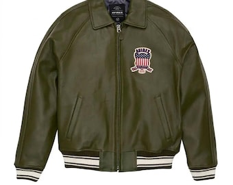 Avirex Olive Green Leather Bomber Jacket, Mens Varsity Flight Jacket, American Flag Patch Streetwear
