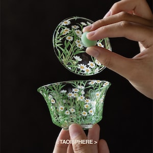 Op de afbeelding: Een theekom van helder glas met bijpassend deksel, versierd met een geschilderd patroon van witte madeliefjes en groene stengels. Het deksel heeft een kleine, lichtgroene knop. De tekst TAOISPHERE staat in het wit onderaan de afbeelding.