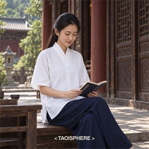 May include: A white short-sleeved shirt with a V-neckline and a vertical placket detail, paired with loose-fitting dark blue trousers. The shirt features a clean, solid white fabric, while the trousers are a deep navy blue. Text reads <TAOISPHERE>.