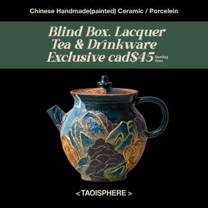 May include: A dark blue ceramic teapot featuring hand-painted gold and purple mountain and floral motifs. The lid has a small knob, and the body displays the text: Chinese Handmade(painted) Ceramic / Porcelein, Blind Box. Lacquer Tea & Drinkware, and < TAOISPHERE >.