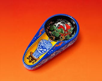 Handcrafted Cigar Ashtray:  Underglaze Ceramic, Mini Pine & Crane Meiping Cigar Rest, Chinese Style, Collectible Home Decor, Tao Inspired