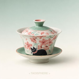 Puede incluir: Un juego de té gaiwan de cerámica con cuenco, tapa y platillo blancos decorados con flores de cerezo rosas y un gato negro con collar rojo. La tapa y el platillo tienen un borde verde. El texto TAOISPHERE está impreso en la parte inferior.