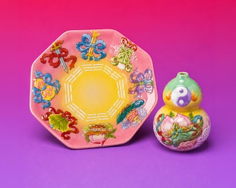ONLY 1 Handcrafted Underglaze Ceramic Incense Burner Set:  Octagonal Divination Plate, Gourd Incense Holder | Spiritual Décor | Tao Inspired