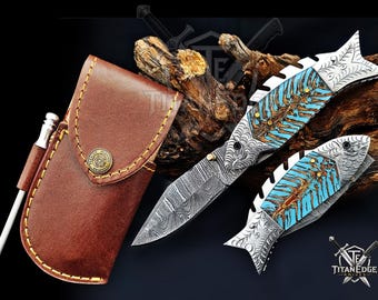 Handmade 7.5 Inch Damascus Steel Pocket Knife, Folding EDC Fishing Knife, Fish Skeleton Handle, Men's Gift With Sheath